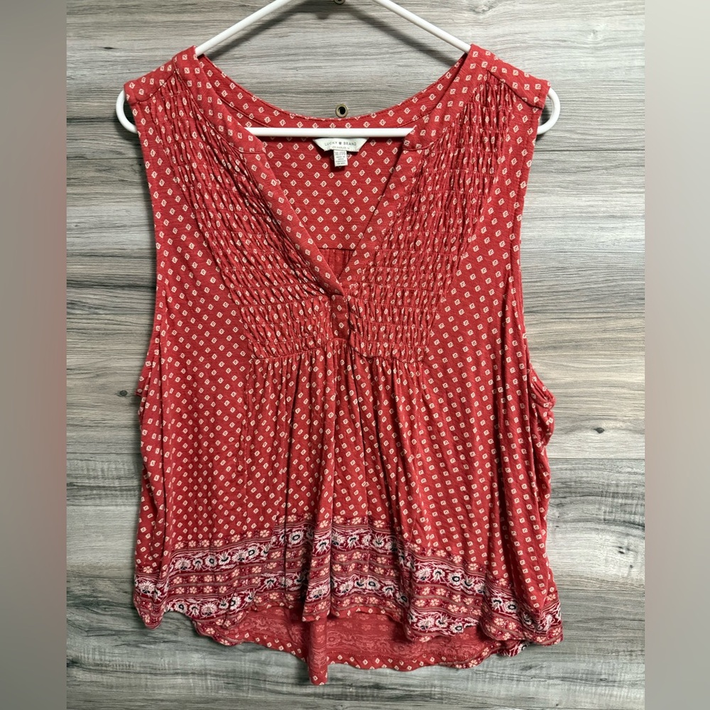 Lucky Brand smocked tank top with a patterned border